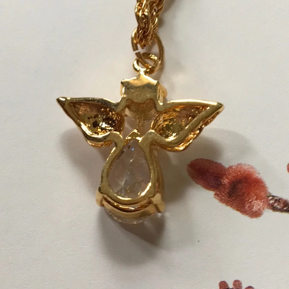 Cubic Zirconia Guardian Angel Protection Necklace Gold Tone NWOT